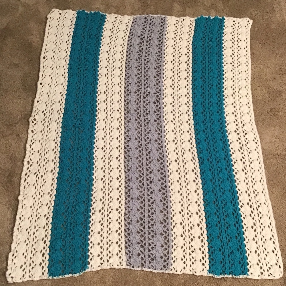 Homemade Crochet Blanket with Blue and Gray Stripes